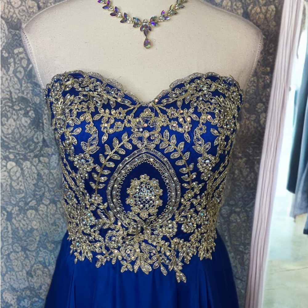 Elegant Blue Gown with Gold Embroidery